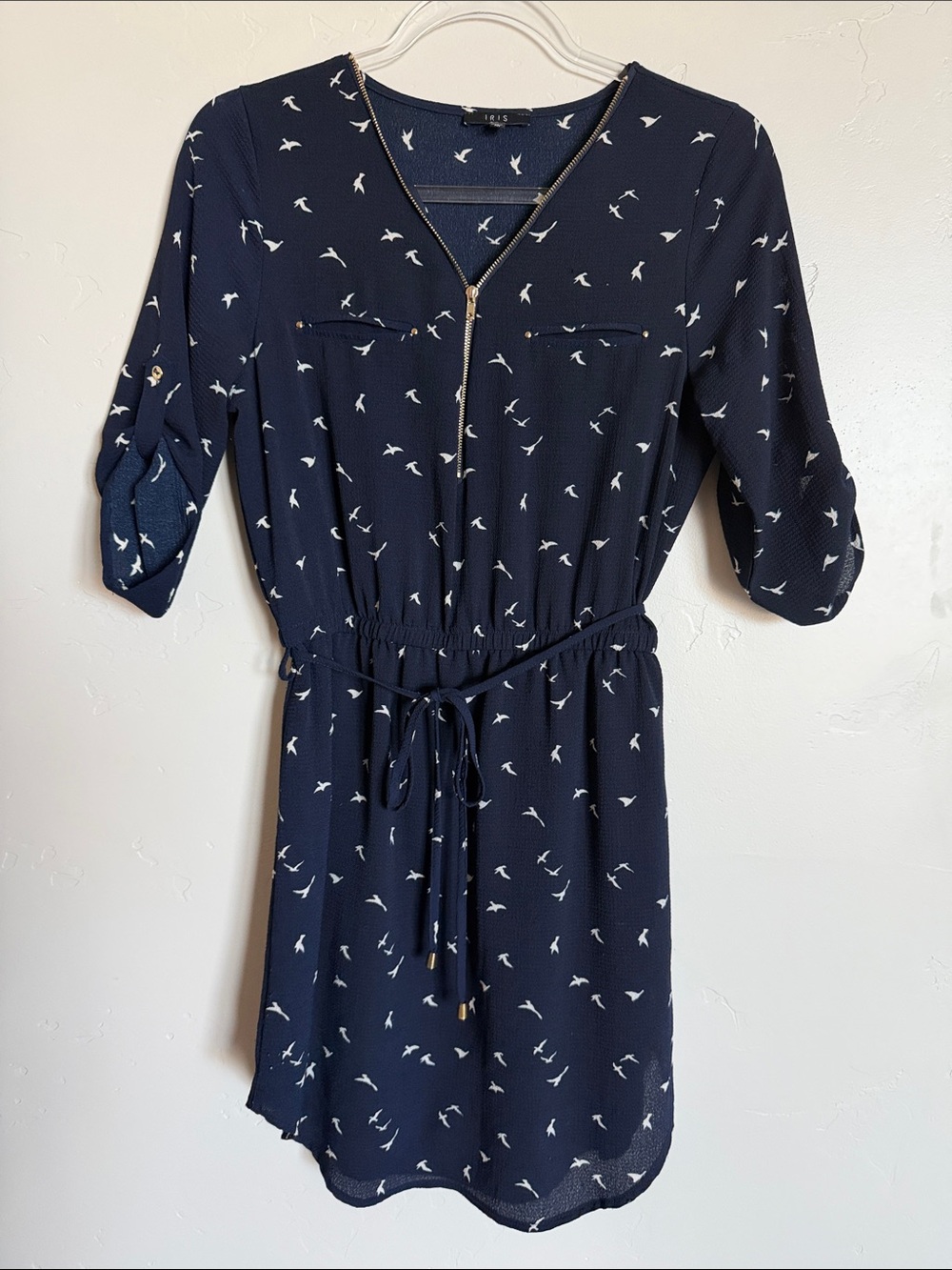 iris Navy Shirt Mini Dress with White Bird Print Lightweight Coastal California